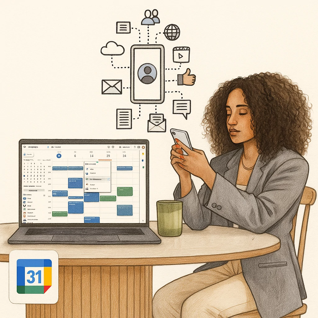 Mulher usando celular ao lado de um notebook com Google Agenda aberto, representando organização e produtividade digital.